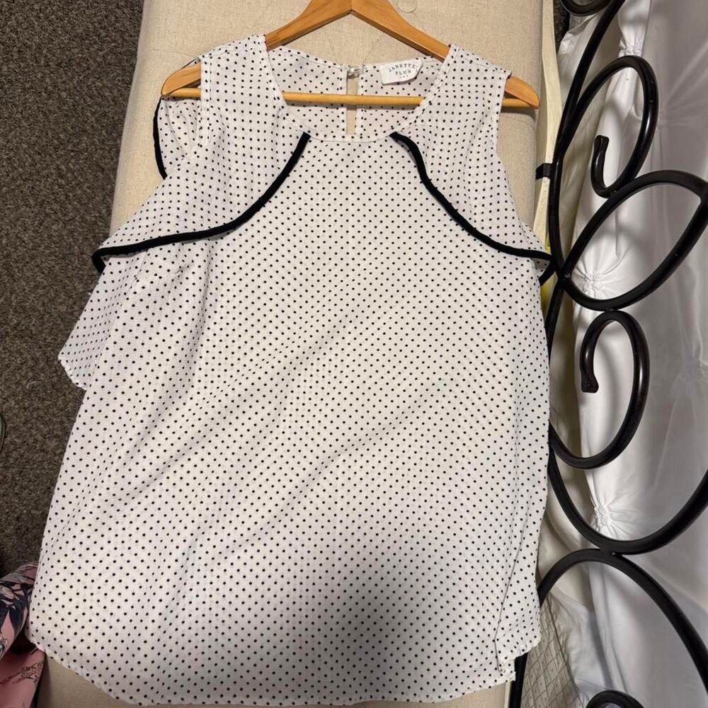 Janette Plus Black and white polka dot blouse with cold shoulder ruffle sleeves